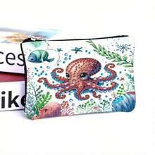 1 Set Diamond Painting Craft Kit, Ocean Animal Style Coin Purse Women Ins Zipper Mini Bag, Women Short Hanging Pouch With Keychain Card Holder, Made With Crystal Round Diamond DIY, Suitable For Daily Travel Carry-On Storage