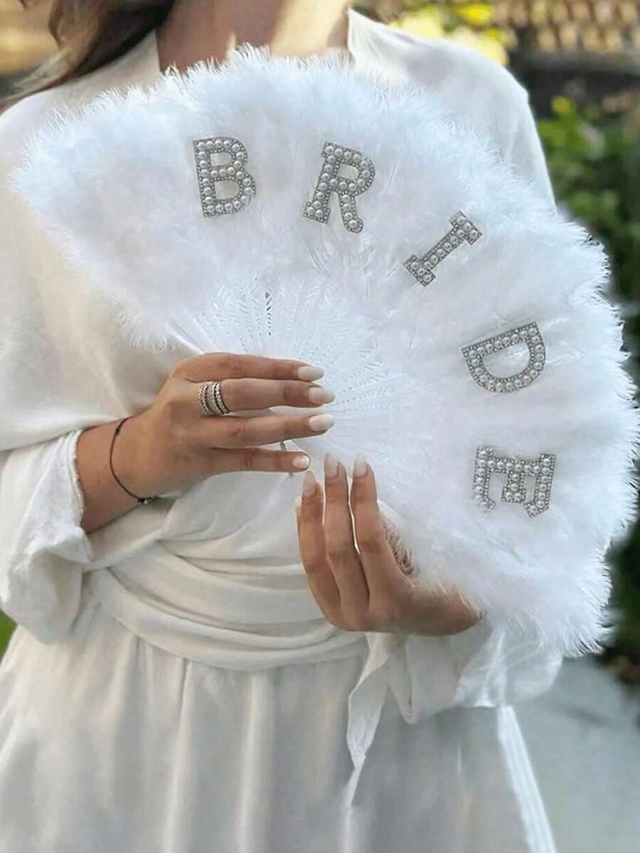 1 pieza Abanico de plumas artificiales de pelo, abanico de plumas para novia con perlas, accesorio individual para mujeres, decoración de bodas y fiestas, abanico de mano adecuado para accesorios de ropa y decoración de fiestas para bodas - Multicolor - Ver 1