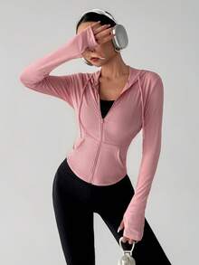 Jachetă de yoga nouă pentru femei, cu glugă, fermoar, buzunare, croială strâmtă, elastică, cu uscare rapidă, jachetă de fitness înfrumusețatoare, mânecă lungă, orificiu pentru degetul mare, elasticitate ridicată, lavabilă la mașină, jachetă de antrenament în culoare solidă, potrivită pentru sală, exerciții în aer liber și ținute casual - Roz - Vizualizare 5