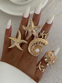 6pcs Exaggerated Ocean Elements Shell, Fan Conch, Starfish Design Rings, Vintage Bohemian Faux Pearl Decor Alloy Adjustable Rings Set, Personalized Unique Design For Women Daily & Holiday Wear - Starfish Ring - View 2