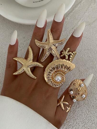 6pcs Exaggerated Ocean Elements Shell, Fan Conch, Starfish Design Rings, Vintage Bohemian Faux Pearl Decor Alloy Adjustable Rings Set, Personalized Unique Design For Women Daily & Holiday Wear