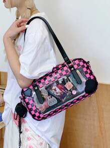 Summer New Anime Style Cute Plaid Transparent Window Baguette Bag, Student/Commute One Shoulder Messenger Bag