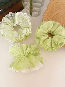 1 件优雅绿色蕾丝多层发圈，柔软马尾辫夹，适合女性日常使用，温和发饰，发圈，发圈，发球，休闲 - 彩色 - 查看 4