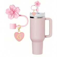 2 件/套心形和字母花卉可重复使用吸管盖，粉色杯字母标记，以及硅胶花卉吸管盖，适合 10 毫米大直径吸管，现代简约玻璃杯的可爱字母配件