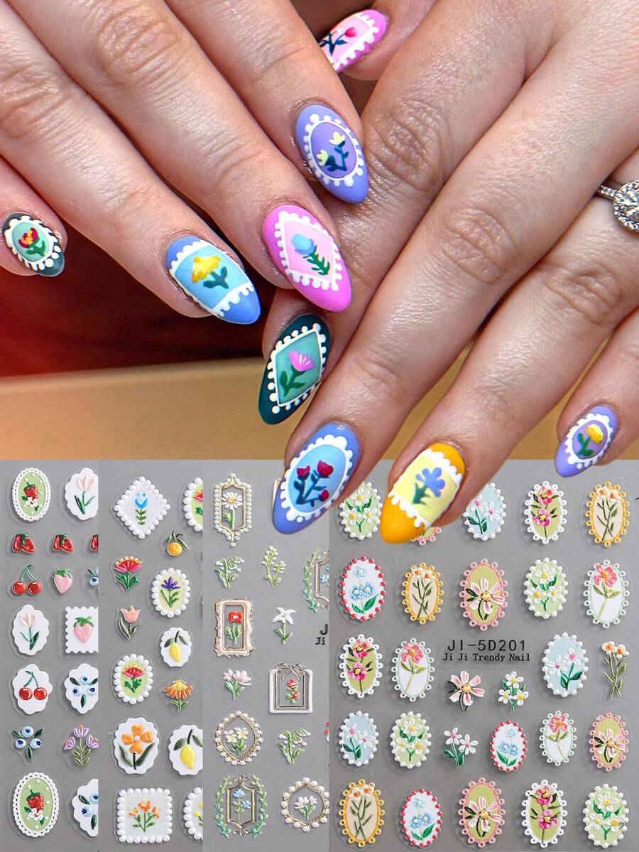 5D Embossed Exquisite Summer Flower Nail Art Stickers Janpan Style Colorful Blooming Daisy Lavender Lily Of The Valley Self-Adhesive Nail Design DIY Manicure Decorations - Gold - View 1