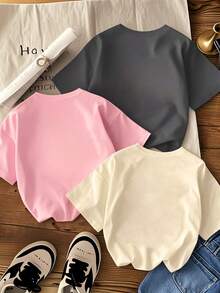 Set de 3 camisetas de cuello redondo de manga corta con estampado casual para niñas preadolescentes y estudiantes, blusas de verano - Multicolor - Ver 3