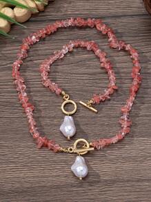 女士绿松石碎片和巴洛克珍珠首饰套装，包含 2 件简约合金时尚配饰 - 项链和手链套装，适合日常佩戴