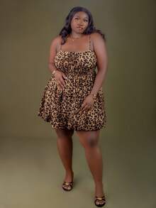 CurvyTilda 夏季大码女式豹纹前系带休闲吊带中长连衣裙 - 彩色 - 查看 1