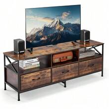 Mueble para TV Grande 147 CM, Mesa Con Regleta, Centro de Entretenimiento, Marco Metálico, 3 Cajones de Tela, para Salón, Dormitorio, 147*40*51 CM, Marrón - 1 - Ver 1