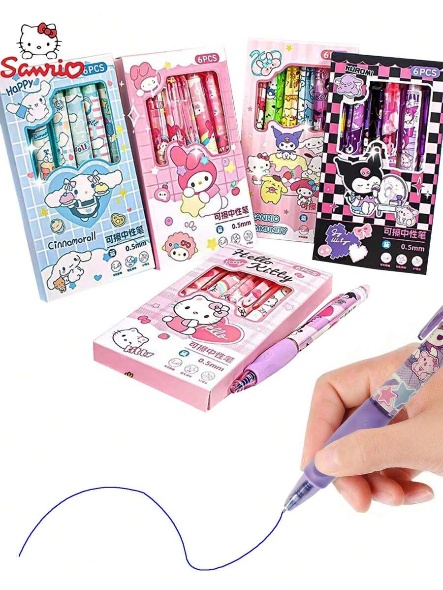 Sanrio 6Pcs My Melody Hello Kitty Kuromi Cinnamoroll Pochacco Gel Blue Pen Cute Cinnamon Dog And Friends Themed Erasable Pens Erasable Ink Stationery(Some Parts May Be Random), School Supplies,Back To School