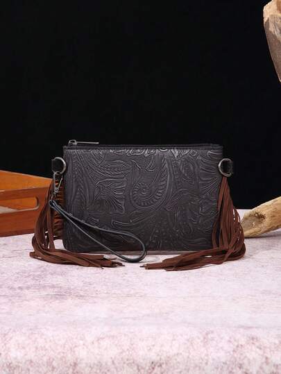 Bohemian - Style Tessel Bag: Vintage Floral Print & Rivet Stitching Crossbody