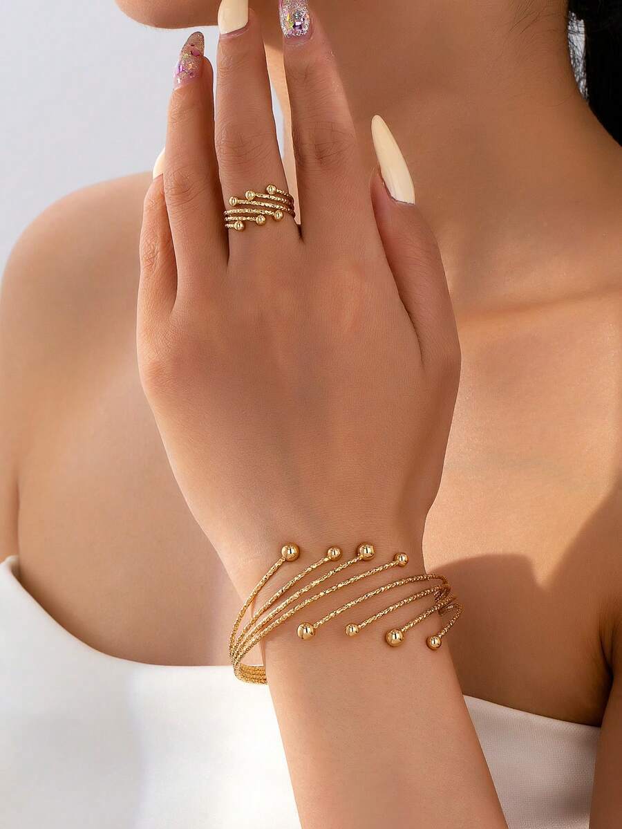 1 Set Fashion Asymmetrical Sphere Engraved Stainless Steel Adjustable Bracelet And Ring, Classic And Elegant Design - Gold - View 1