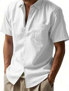 Hawaiian Style Linen Loose Casual Henley Collar Short Sleeve Shirt - White - View 2