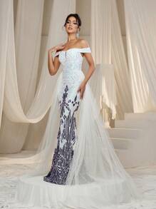 Faeriesty Robe de soirée élégante pour femme avec épaules dénudées, manches courtes, ourlet en queue de poisson et panneaux latéraux en tulle - parfaite pour les galas sur tapis rouge, les dîners de gala, les événements de bal, les réceptions en tenue de soirée et les célébrations de luxe