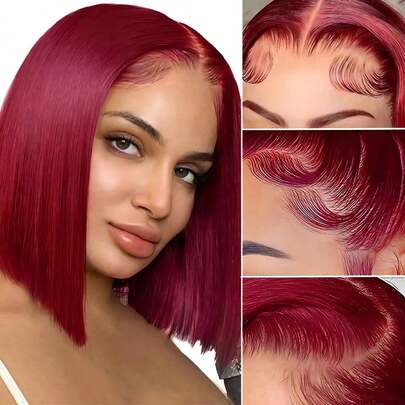Eulisi 8-14 Inch Short Bobcut Wig, 99J Wine Red Bobcut Lace Front Wig, 60% Human Hair, Women's Transparent Lace Front Wig, Pre-Plucked With Baby Hair, Glueless, Human Hair, 180% Density, Wine Red Straight Bobcut Wig, Halloween Costume