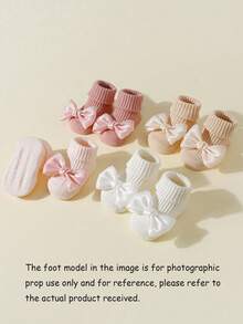 4 Pairs Baby/Toddler Girls' Cotton Bow Decor Non-Slip Crew Socks, Suitable For Indoor Floor Use When Crawling/Learning To Walk, All Season - Multicolor - View 4