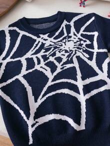 Suéter de punto con gráfico de araña, estilo callejero para niño pequeño, adecuado para Halloween, uso diario, primavera/otoño/invierno - Azul Marino - Ver 5