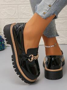 女士厚底玛丽珍鞋，纯色波西米亚风优雅复古金属链条时尚百搭套脚女鞋，适合办公室穿着，女士乐福鞋 - 黑色 - 查看 2