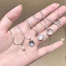 5pcs Moonstone Jewelry Set - Vintage Bohemian Style, Alloy Faux Moonstone Pendant, Suitable For Casual Wear And Gifts, Luxurious White Moonstone 5-Piece Set, Aquamarine Design Necklace Pendant, Faux Moonstone Minimalist Elegant Versatile Choker Necklace Accessory