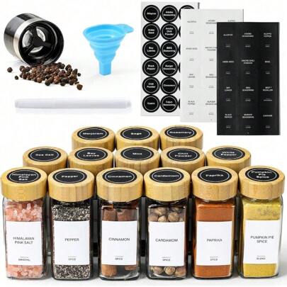 14 Pcs Spice Jars With Bamboo Lids - 4oz Square Spice Bottles With Spice Labels, Shaker Lids, Funnel
