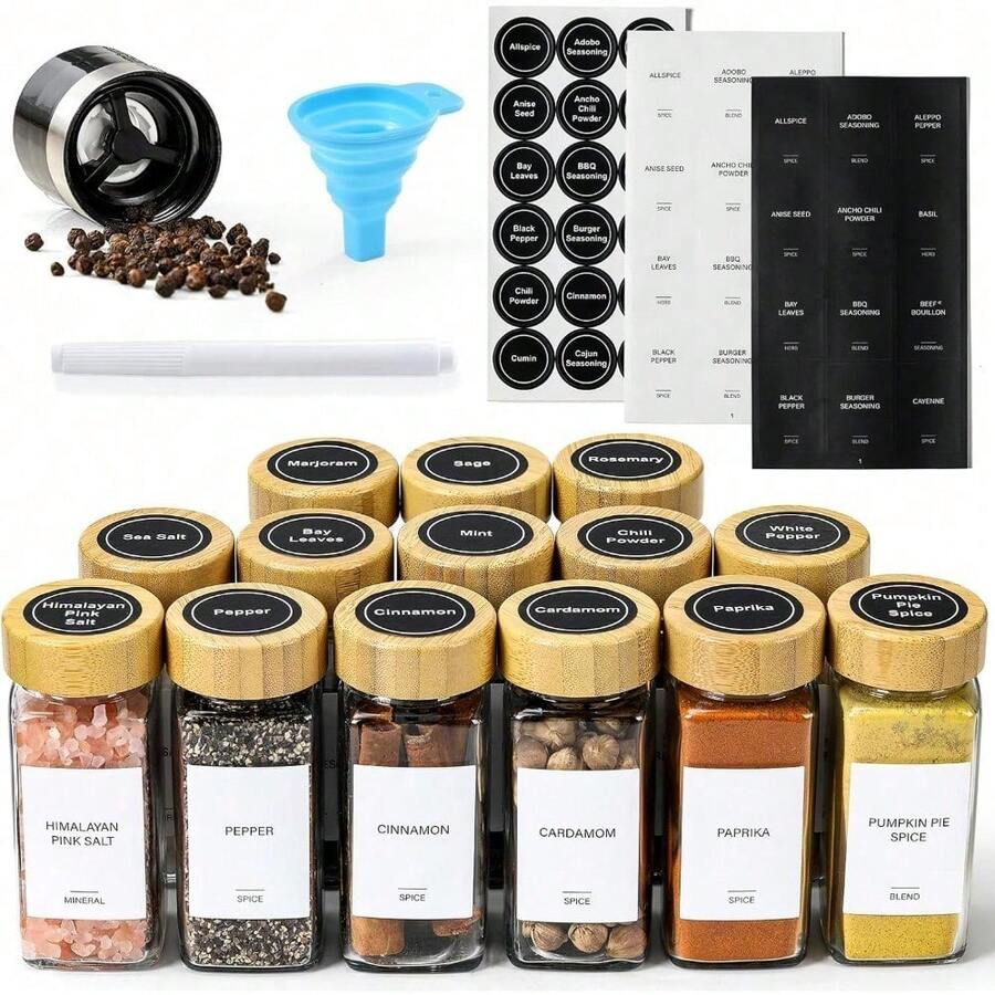 14 Pcs Spice Jars With Bamboo Lids - 4oz Square Spice Bottles With Spice Labels, Shaker Lids, Funnel