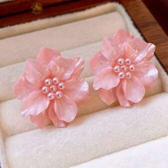 1 对优雅复古风格花朵和人造珍珠耳钉，适合女士佩戴 - 亚克力材质，适合搭配休闲服装或作为礼物