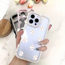 Funda para teléfono 1 unidad, fondo blanco, estampado de béisbol rosa, con purpurina, doble cara | Funda brillante para phone 11/12/13/14/15/16 - Blanco - Ver 3
