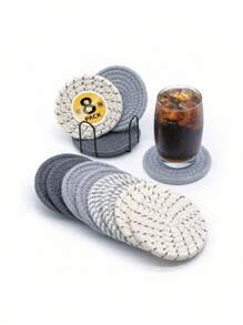 8pcs Woven Drink Coasters, Round Absorbent Beverage Cup Mats, Handmade Fabric Coasters, Absorbent Coaster Set With Tray, Bohemian Stvle
