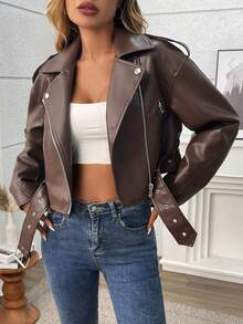 Chaqueta corta de cremallera de unicolor y estilo minimalista para uso diario de mujer - Marrón rojizo - Ver 4