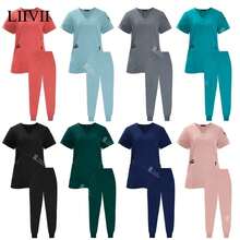 Women Scrub Set Medical Nurse Uniform Workwear Clinical Scrubs Top Pants Spa Doctor Nursing Suit - 42025LW-粉紅色 - 查看 1
