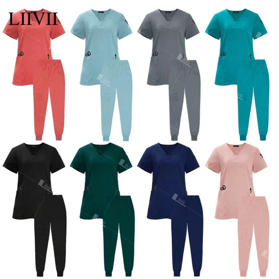 Women Scrub Set Medical Nurse Uniform Workwear Clinical Scrubs Top Pants Spa Doctor Nursing Suit - 42025LW-粉紅色 - 查看 1
