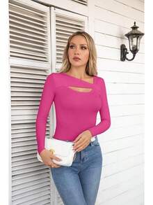 Womens Fashion Fall Cutout Long Sleeve Ribbed Slim Fitted Tops Shirts Tee Tshirts - Long-pink - View 5