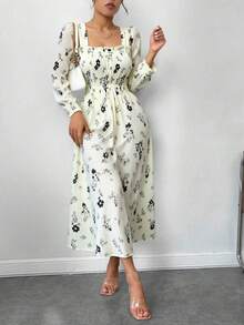 Falda floral Vestido con estampado de punto, para mujeres, para vacaciones - Blanco - Ver 1