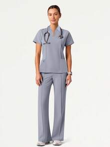 Women's V-Neck Short Sleeve Multi-Pocket Elastic Pants Scrubs, Nurse Scrubs Workwear, Dentist Healthcare Pet Hospital Laboratory Uniform Set - Light Grey - View 6