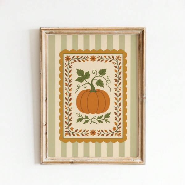 1pc Frameless Pumpkin Folk Art Poster, Green Stripes, Autumn Harvest Theme Wall Decor, Autumn Aesthetic Canvas Painting, Suitable For Dorm/Bedroom/Living Room/Party, Perfect Back To School Gift And Fashionable Room Decoration (Wall Art, Poster)