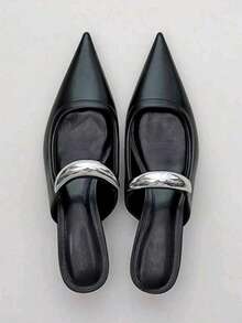 Women's New Simple Pointed Toe Mule Slippers, Black Leather Metal Decor Vintage French Chunky Heel Mid-Heel Open Back Slides, Elegant To Pair With Dresses, Fashion Mini Leather Shoes - Black - View 5