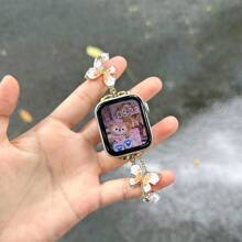 1 条适用于 38 毫米 40 毫米 42 毫米 44 毫米 41 毫米 45 毫米 46 毫米 49 毫米 Ultra Watch Series 10 9 8 7 6 5 4 3 2 的玫瑰金不对称仿珍珠蝴蝶手链腕带，适用于女式 表带