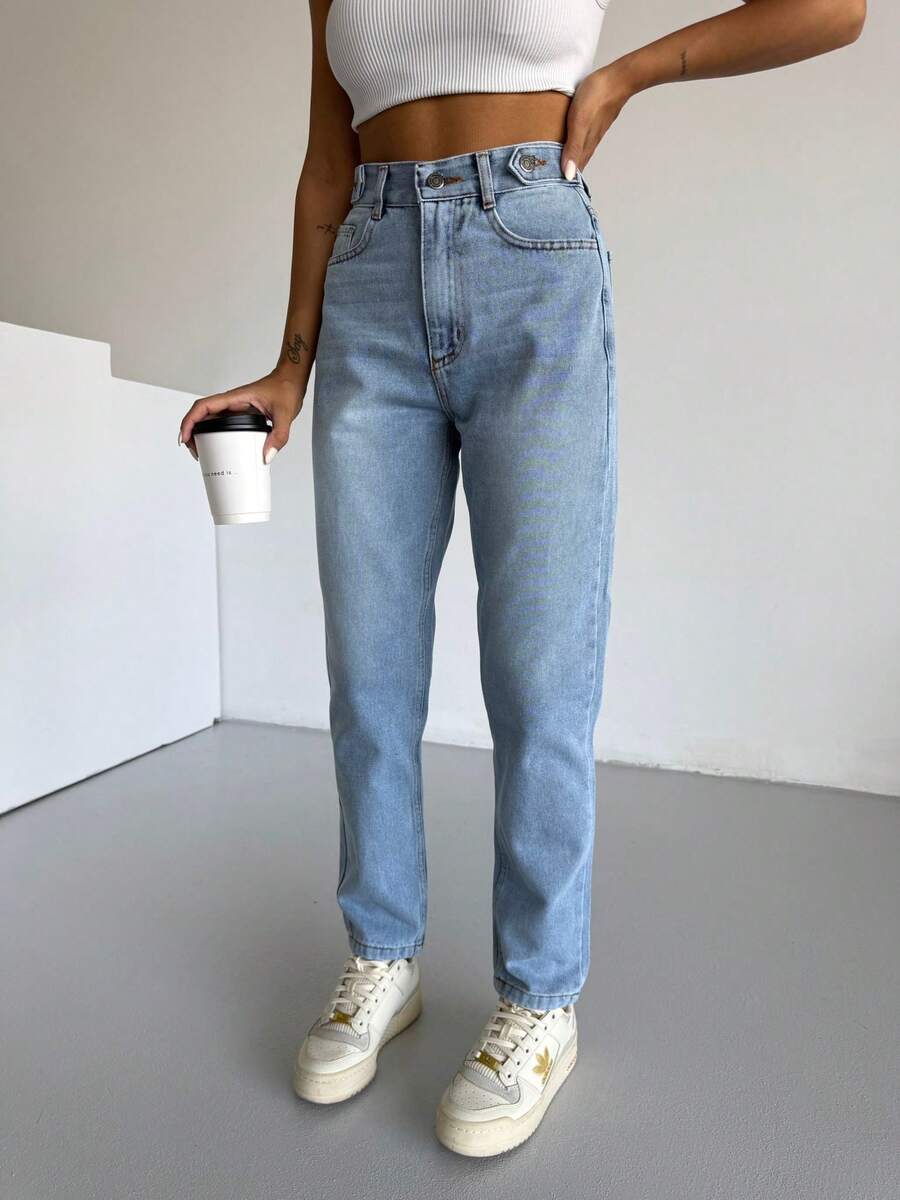 Hoch taillierte Knie Laser zerrissene Freund Mutter Jeans, einfarbig zerstört asymmetrische/asymmetrische Taschen