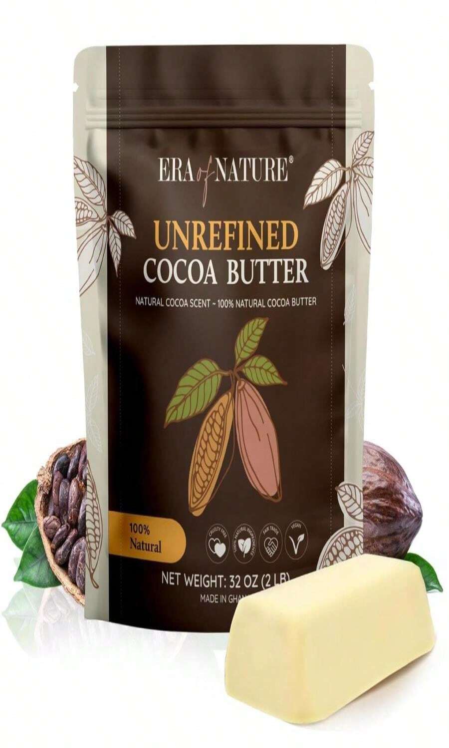 Era Of Nature Organic Unrefined Raw African Ivory White Shea Butter 16oz - Moisturizing Raw Shea Butter Bar For Skin &Amp; Hair, DIY Lip Balm Base, Cream, Soap &Amp; Lotion Making Supplies Kit, Skincare - Cocoa Butter - 查看 1