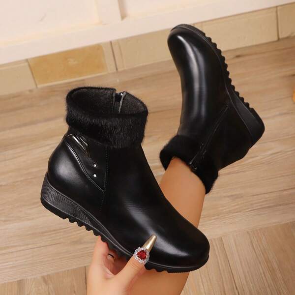 Buty dla mam w dużych rozmiarach, krótkie buty z wyściełaną podszewką, obcas klinowy, wygodne, ciepłe i antypoślizgowe, jesień/zima