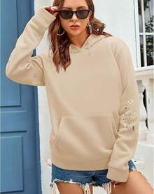 Women's Floral Printed Hoodies Vintage Aesthetic Flower Graphic Sweatshirt Cute Boho Fleece Thermal Hoodie Pullover - Màu be - Xem 5