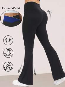 RUNONWHEELS 5 女式喇叭瑜伽裤，无前缝，收腹高腰塑形紧身裤，配色 V 腰 | 提臀阔腿健身裤 - 彩色 - 查看 6