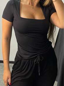 Kit Of 3 Basic Suplex Blouses, Square Neckline, Short Sleeve, Lined - Màu be/Nâu/Đen - Xem 4