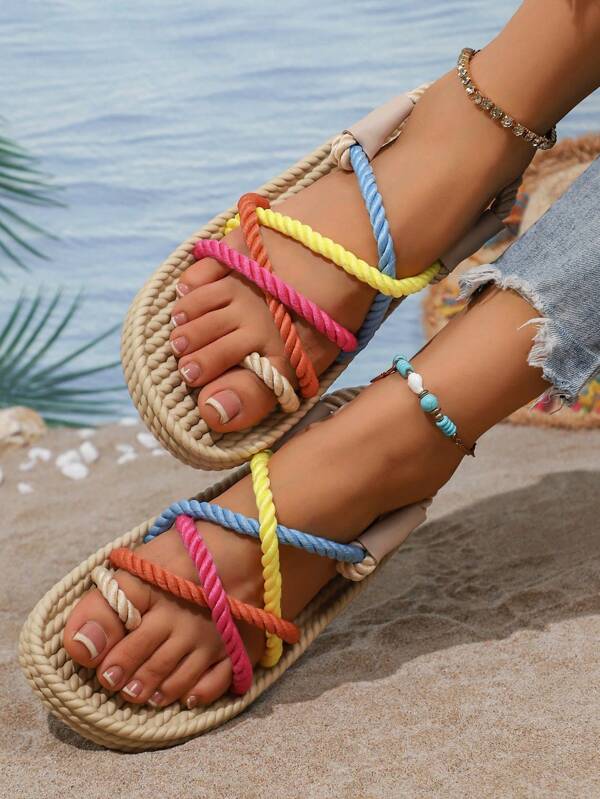 New Woven Rope Criss-Cross Strappy Women's Summer Sandals, Casual Versatile Flat Sandals, Perfect For Beach And Outdoor Wear
