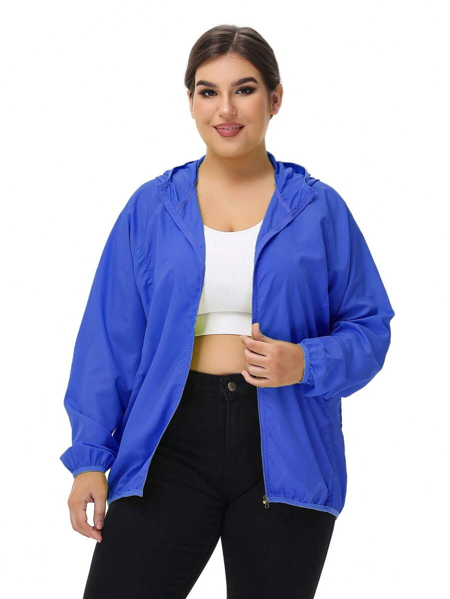 1pc Women's Lightweight Hooded Solid Color Running Beach Jacket, Plus Size Outdoor Sports Casual Jacket