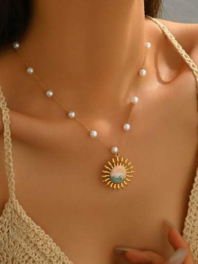 1pc Women's Dreamy Gold Sun & Wave Pendant Necklace, With Pink-Blue Wave Pendant & Pearl Chain, Suitable For Beach Vacation Summer Style