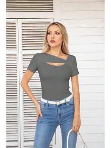 Womens Fashion Fall Cutout Long Sleeve Ribbed Slim Fitted Tops Shirts Tee Tshirts - Short-dark Grey - View 6