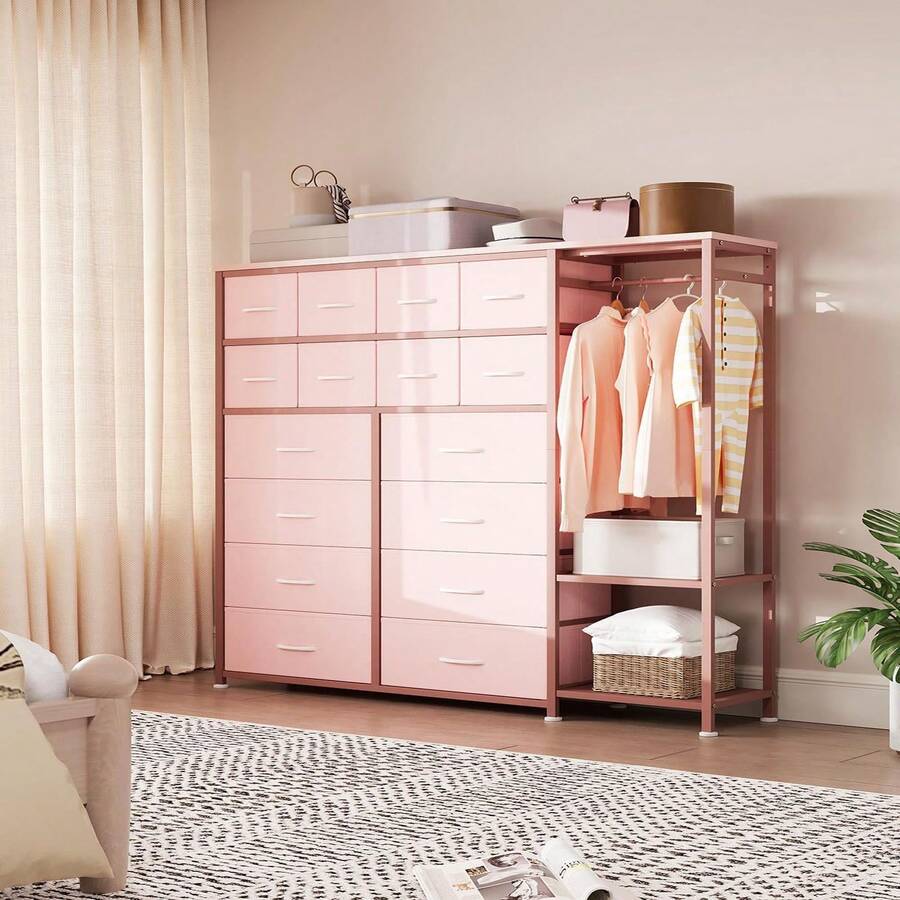Closet System Clothes Rack With 16 Fabric Drawers & 2 Storage Shelves, Walk In Closet Organizer System Freestanding Closet Organizer For Hanging Clothes, Clothes Rack Built-In Garment Rack Heavy Duty Garment Rack, Wardrobe Closet Clothing Rack Tall Storage Tower, Sturdy Frame - Pink - View 1