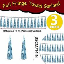 3P Metallic Fringe Tassel Banner Garland Foil Tinsel Streamer Wall Hanging Curtain Backdrop Banner For Parade Floats, Graduation Decorations, Father's Day Party Decoration(Silver)Halloween Christmas New Year - Light Blue - 查看 2