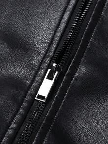 男士长袖时尚休闲撞色拉链立领PU皮夹克，秋冬款 - 黑色 - 查看 4